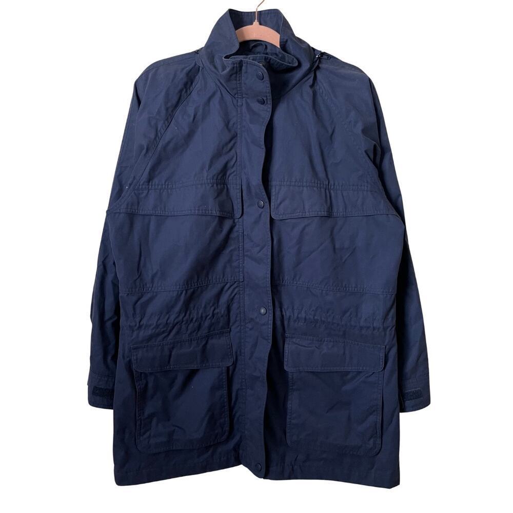 Eddie‎ Bauer Vintage Jacket Womens Medium Navy Blue Full Zip Hooded Button Snap